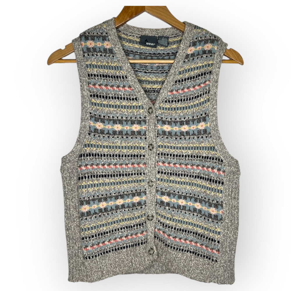 Vintage Lizwear Knitted Horizontal Print Button Up Sweater Vest Gray Size Small